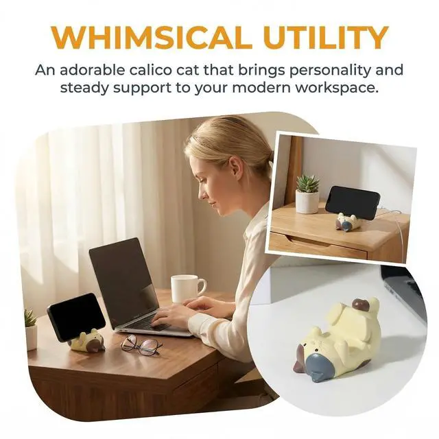 Alt view image 3 of 7 - Cat Phone Stand for Desk, Cute Resin Smartphone Holder Figurine, Sturdy Desktop Phone Stand, Gift for Animal Lovers & Desk Decor