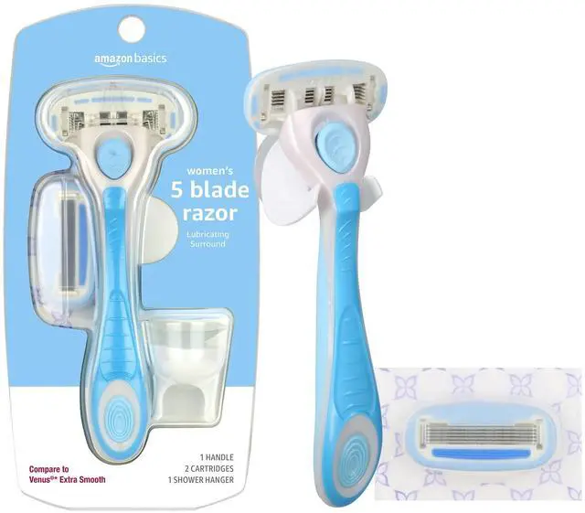Main image of Amazon Basics 5-Blade Extra Smooth Razor for Women with Moisturizing Strips, Handle, 2 Cartridge Refills & Shower Holder (Previously Solimo)