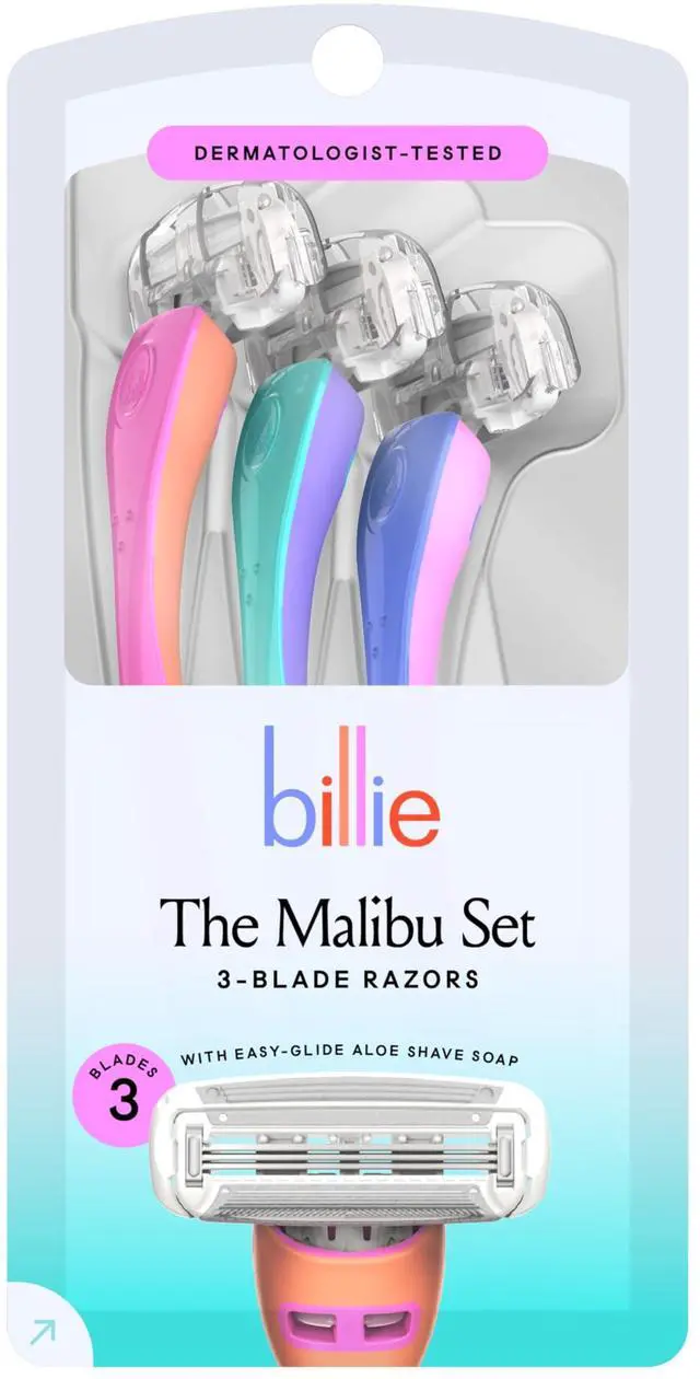 Main image of Billie 3 Blade Disposable Razors for Women, The Malibu Set, 3 ct | 3 blade womens disposable razor for sensitive skin, Surrounded by aloe shave soap, Flexible ergonomic handle, No-slip grip