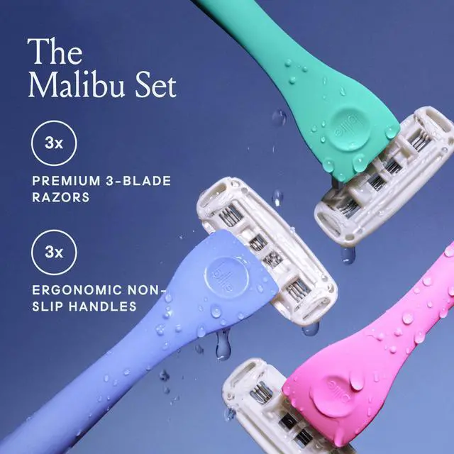 Alt view image 2 of 7 - Billie 3 Blade Disposable Razors for Women, The Malibu Set, 3 ct | 3 blade womens disposable razor for sensitive skin, Surrounded by aloe shave soap, Flexible ergonomic handle, No-slip grip