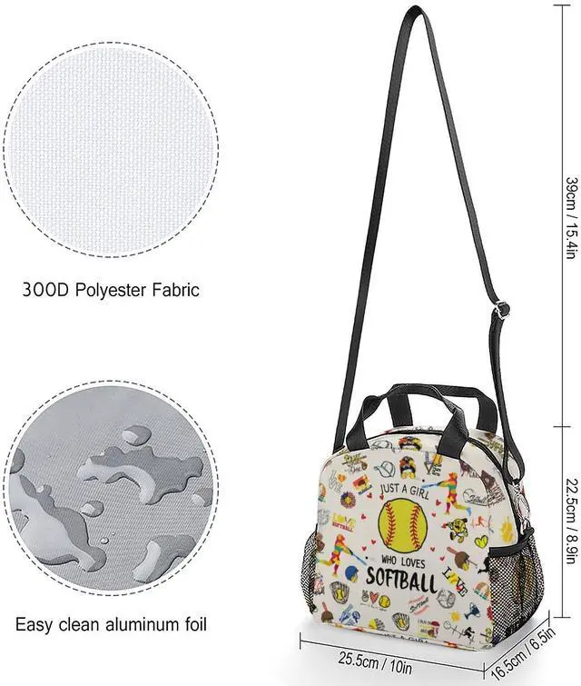 Alt view image 2 of 4 - Insulated Lunch Box with Shoulder Strap Portable Waterproof Lunch Bag for School Work Camping (Softball)