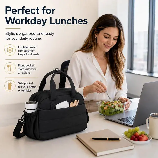 Alt view image 2 of 7 - CAMTOP Lunch Box for Women, Cute Quilted Lunch Bag with Shoulder Strap, Lightweight Puffy Padded Waterproof Lunch Tote, Reusable Lunch Cooler for Work Picnic Travel Beach (Black)