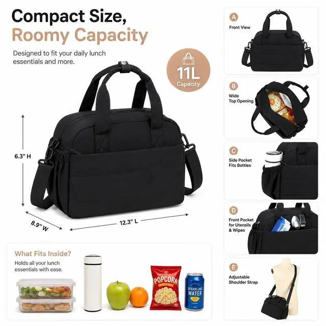 Alt view image 3 of 7 - CAMTOP Lunch Box for Women, Cute Quilted Lunch Bag with Shoulder Strap, Lightweight Puffy Padded Waterproof Lunch Tote, Reusable Lunch Cooler for Work Picnic Travel Beach (Black)