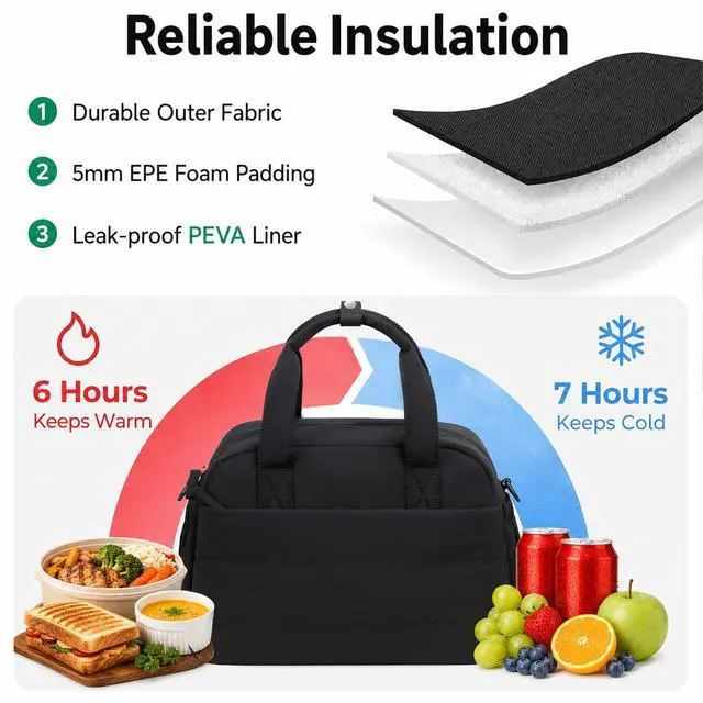 Alt view image 4 of 7 - CAMTOP Lunch Box for Women, Cute Quilted Lunch Bag with Shoulder Strap, Lightweight Puffy Padded Waterproof Lunch Tote, Reusable Lunch Cooler for Work Picnic Travel Beach (Black)