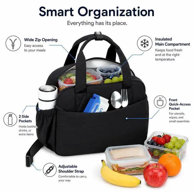 Alt view image 6 of 7 - CAMTOP Lunch Box for Women, Cute Quilted Lunch Bag with Shoulder Strap, Lightweight Puffy Padded Waterproof Lunch Tote, Reusable Lunch Cooler for Work Picnic Travel Beach (Black)