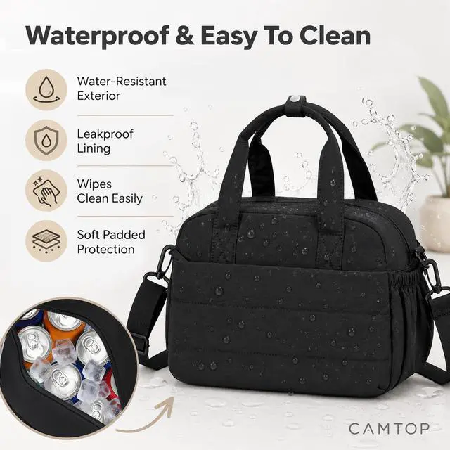 Alt view image 7 of 7 - CAMTOP Lunch Box for Women, Cute Quilted Lunch Bag with Shoulder Strap, Lightweight Puffy Padded Waterproof Lunch Tote, Reusable Lunch Cooler for Work Picnic Travel Beach (Black)