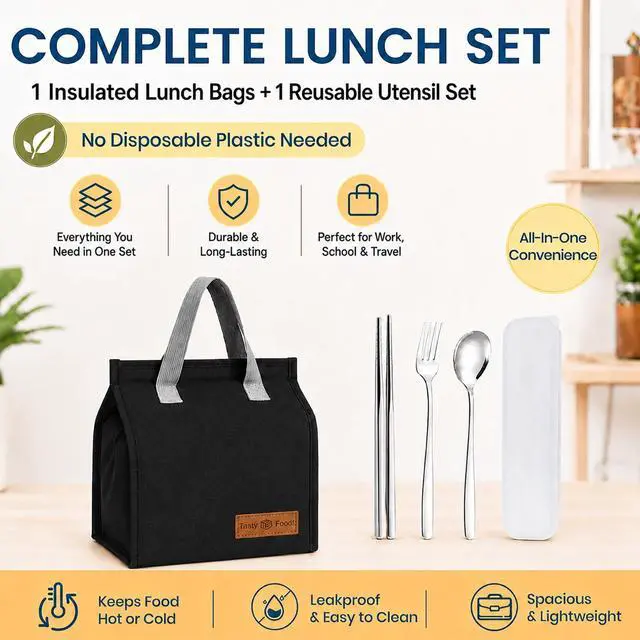 Alt view image 2 of 7 - Lukymart Lunch Bag for Men/Women, Waterproof Reusable Portable Lunch Tote, with Silverware Set, Lunch Tote Bags for Work Travel Outdoor, Black
