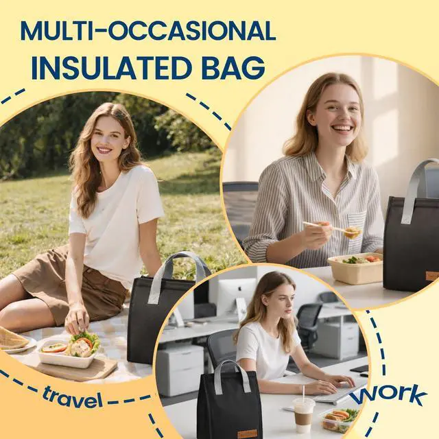 Alt view image 6 of 7 - Lukymart Lunch Bag for Men/Women, Waterproof Reusable Portable Lunch Tote, with Silverware Set, Lunch Tote Bags for Work Travel Outdoor, Black