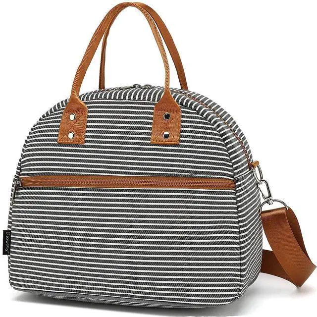 Main image of FlowFly Insulated Lunch Bag With Shoulder Strap for Women, Men, and Kids, Large and Reusable, Handle, Freezable Work and School Travel Tote and Meal Prep Organizer,White and Black Stripes