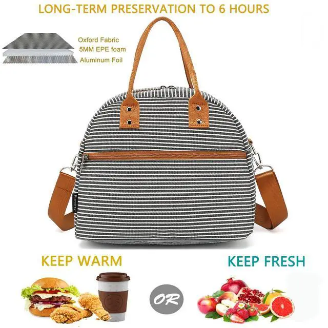 Alt view image 2 of 7 - FlowFly Insulated Lunch Bag With Shoulder Strap for Women, Men, and Kids, Large and Reusable, Handle, Freezable Work and School Travel Tote and Meal Prep Organizer,White and Black Stripes