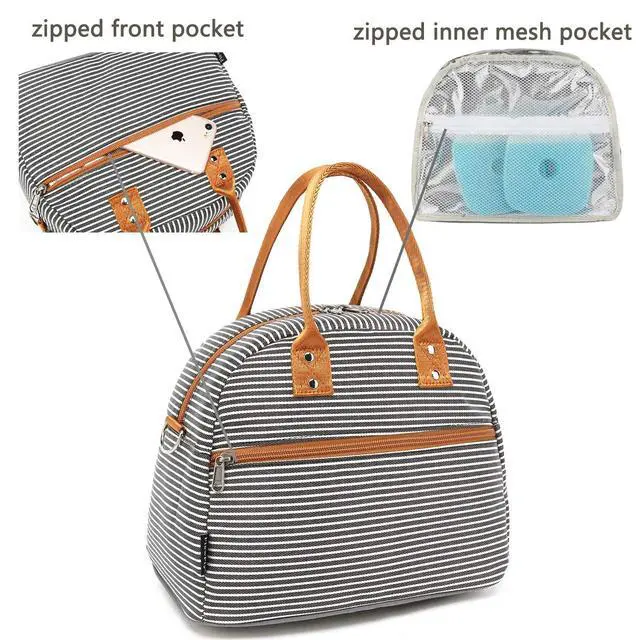 Alt view image 4 of 7 - FlowFly Insulated Lunch Bag With Shoulder Strap for Women, Men, and Kids, Large and Reusable, Handle, Freezable Work and School Travel Tote and Meal Prep Organizer,White and Black Stripes