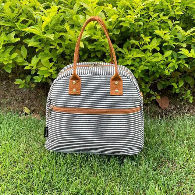Alt view image 6 of 7 - FlowFly Insulated Lunch Bag With Shoulder Strap for Women, Men, and Kids, Large and Reusable, Handle, Freezable Work and School Travel Tote and Meal Prep Organizer,White and Black Stripes