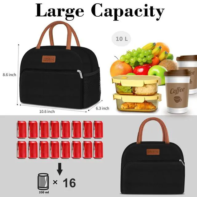 Alt view image 3 of 7 - Coobiiya Lunch Box Lunch Bag for Women Men,Reusable Cute Lunch Pail bag,Leakproof,Insulated LunchBox Tote Compact 10L, Cooler Lunch Container for Work Travel Office (Black)
