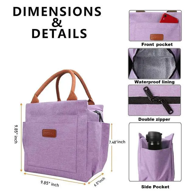 Alt view image 2 of 7 - Joymee Lunch Bag Women, Reusable Leakproof Insulated Lunch Box- Purple | Large Capacity, Bottle Holder & Side Pockets, Leakproof Insulated Design, for Work, Travel, Picnic, for Adult