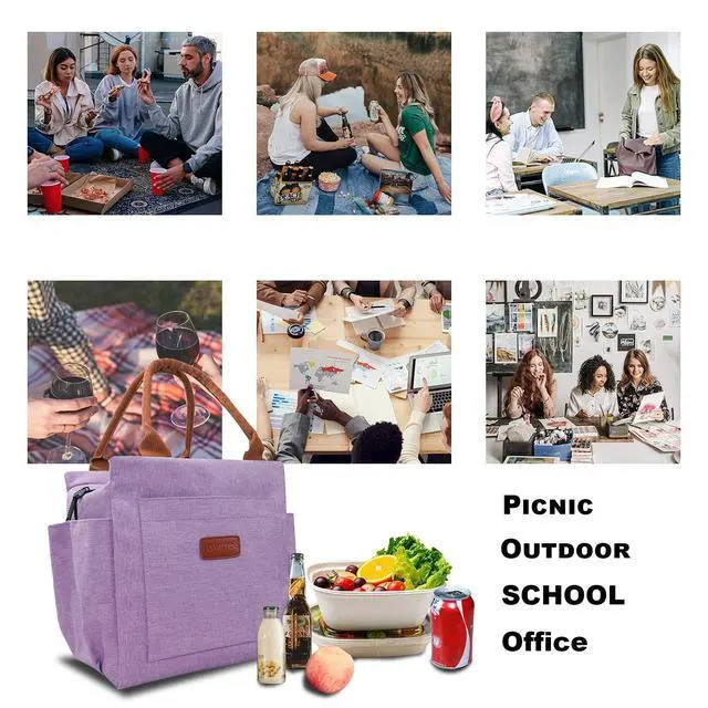 Alt view image 7 of 7 - Joymee Lunch Bag Women, Reusable Leakproof Insulated Lunch Box- Purple | Large Capacity, Bottle Holder & Side Pockets, Leakproof Insulated Design, for Work, Travel, Picnic, for Adult