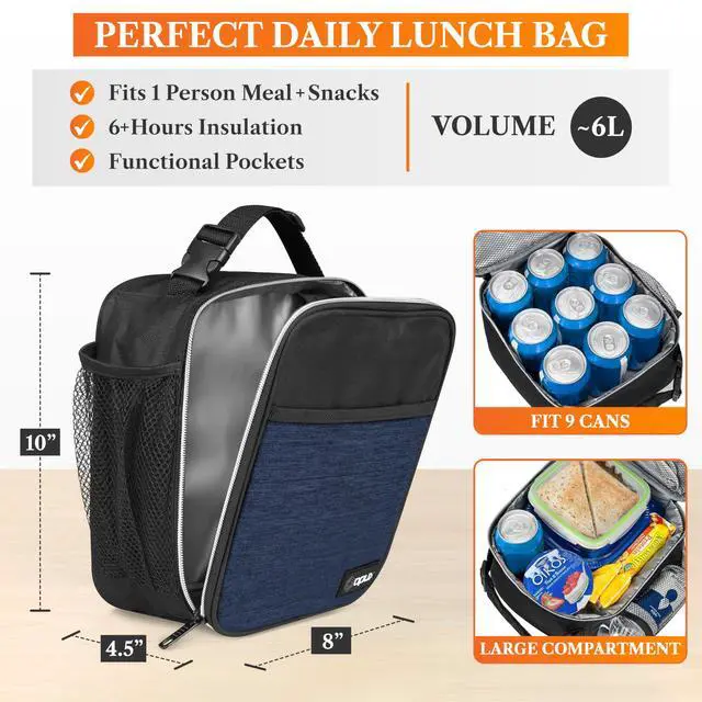 Alt view image 2 of 7 - opux Insulated Lunch Bag for Kids Boys Girls, Small Compact Lunch Box with Wide Opening & Mesh Pockets, Reusable Lunch Pail for School, Work, Adults, Men, Women, Heather Navy Blue