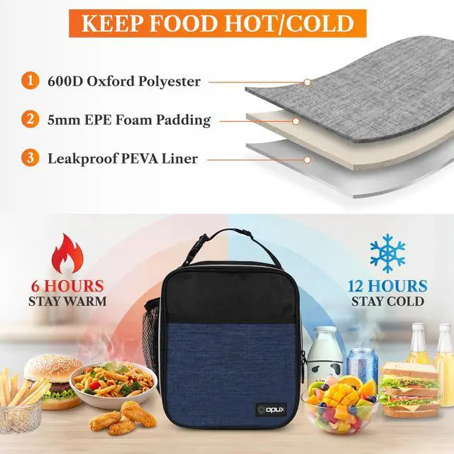 Alt view image 3 of 7 - opux Insulated Lunch Bag for Kids Boys Girls, Small Compact Lunch Box with Wide Opening & Mesh Pockets, Reusable Lunch Pail for School, Work, Adults, Men, Women, Heather Navy Blue