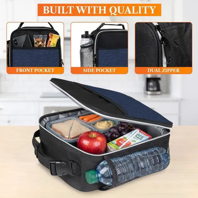 Alt view image 5 of 7 - opux Insulated Lunch Bag for Kids Boys Girls, Small Compact Lunch Box with Wide Opening & Mesh Pockets, Reusable Lunch Pail for School, Work, Adults, Men, Women, Heather Navy Blue