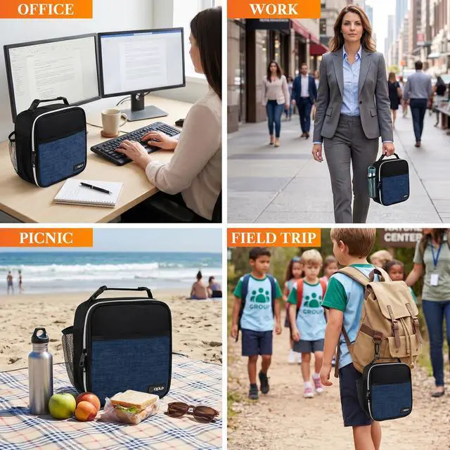 Alt view image 7 of 7 - opux Insulated Lunch Bag for Kids Boys Girls, Small Compact Lunch Box with Wide Opening & Mesh Pockets, Reusable Lunch Pail for School, Work, Adults, Men, Women, Heather Navy Blue