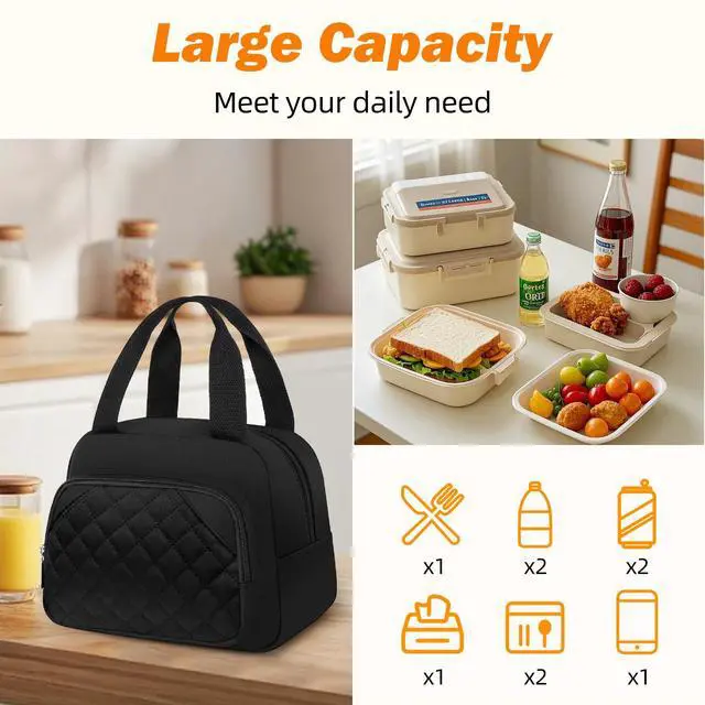 Alt view image 5 of 7 - Lunch Bag for Women Men Adults, Reusable Cooler Lunch Tote Bag- Black | Water Resistant, Leakproof, Reusable Lunch Bag, Tote Bag Cooler Lunch Bags for Work Travel Office Camping