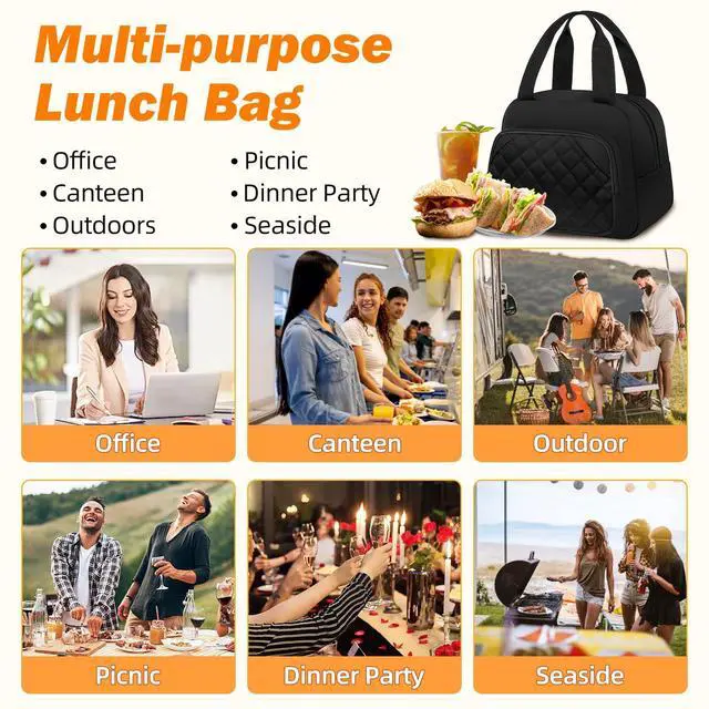 Alt view image 7 of 7 - Lunch Bag for Women Men Adults, Reusable Cooler Lunch Tote Bag- Black | Water Resistant, Leakproof, Reusable Lunch Bag, Tote Bag Cooler Lunch Bags for Work Travel Office Camping