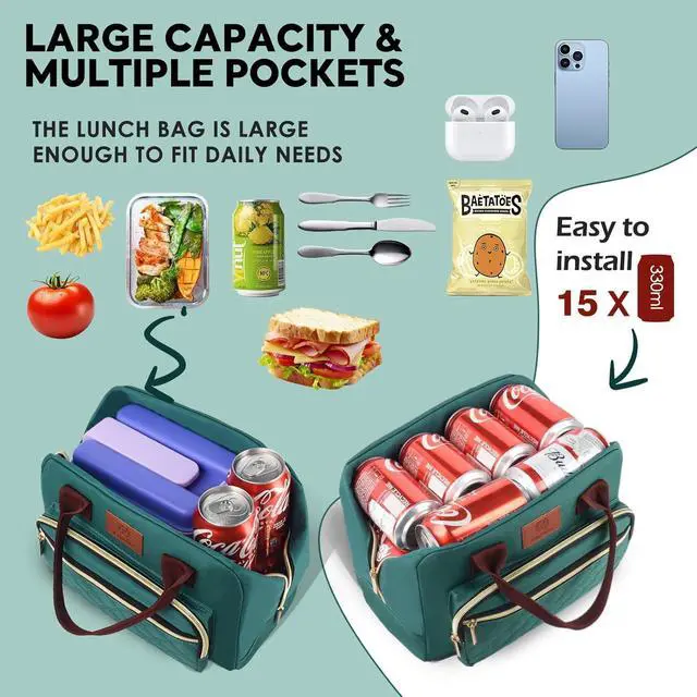 Alt view image 4 of 7 - Genteen Lunch Box for Women, Insulated womens Lunch bag for work,Reusable Cute Lunch Bags,High Capacity Cooler BagTote for Work Girls Office Picnic School-Lake Green