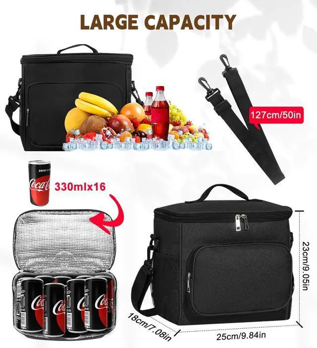 Alt view image 3 of 7 - TIECHI Reusable Insulated Lunch Bag for Women Men, 12L Large Cooler Bag with Adjustable Shoulder Strap, Leakproof Waterproof Black Lunch Bag for Office Work Picnic Father's Day