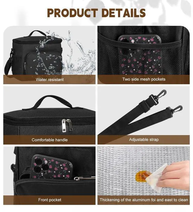 Alt view image 5 of 7 - TIECHI Reusable Insulated Lunch Bag for Women Men, 12L Large Cooler Bag with Adjustable Shoulder Strap, Leakproof Waterproof Black Lunch Bag for Office Work Picnic Father's Day