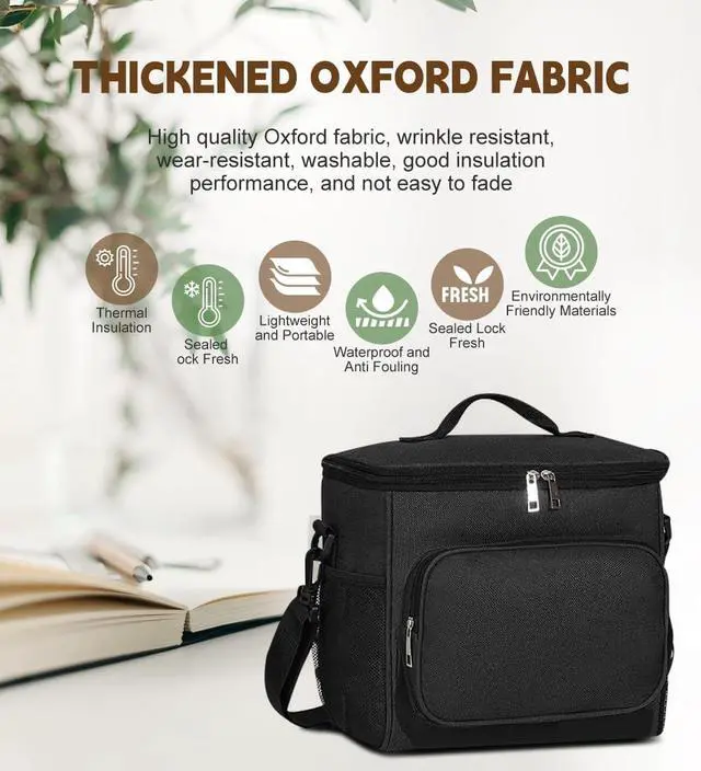 Alt view image 7 of 7 - TIECHI Reusable Insulated Lunch Bag for Women Men, 12L Large Cooler Bag with Adjustable Shoulder Strap, Leakproof Waterproof Black Lunch Bag for Office Work Picnic Father's Day