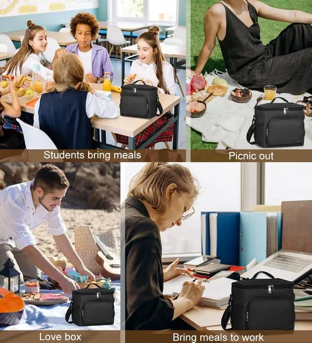 Alt view image 6 of 7 - TIECHI Reusable Insulated Lunch Bag for Women Men, 12L Large Cooler Bag with Adjustable Shoulder Strap, Leakproof Waterproof Black Lunch Bag for Office Work Picnic Father's Day