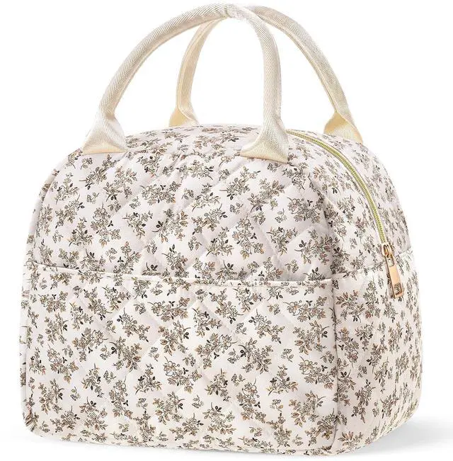 Main image of Cunno Insulated Quilted Fabric Lunch Bag for Women Man Adult Lightweight Floral Food Box Leakproof Cooler Food Containers Reusable Large Capacity Lunch Bag for Work Picnic or Travel
