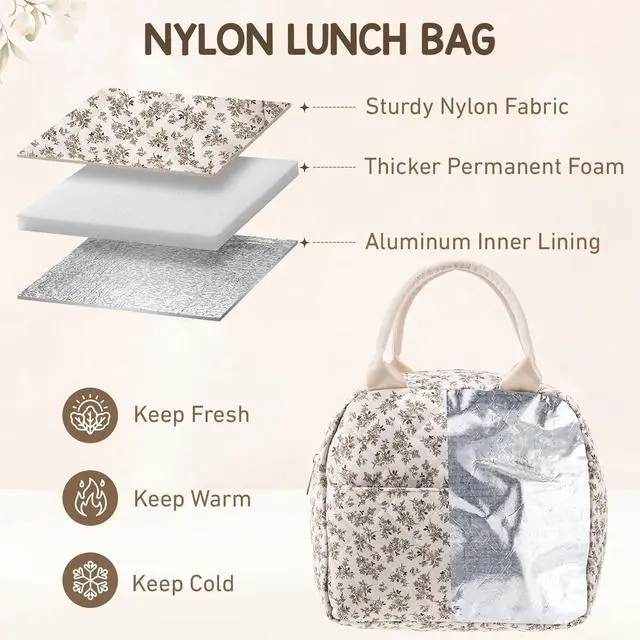Alt view image 3 of 7 - Cunno Insulated Quilted Fabric Lunch Bag for Women Man Adult Lightweight Floral Food Box Leakproof Cooler Food Containers Reusable Large Capacity Lunch Bag for Work Picnic or Travel
