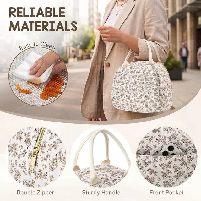 Alt view image 4 of 7 - Cunno Insulated Quilted Fabric Lunch Bag for Women Man Adult Lightweight Floral Food Box Leakproof Cooler Food Containers Reusable Large Capacity Lunch Bag for Work Picnic or Travel