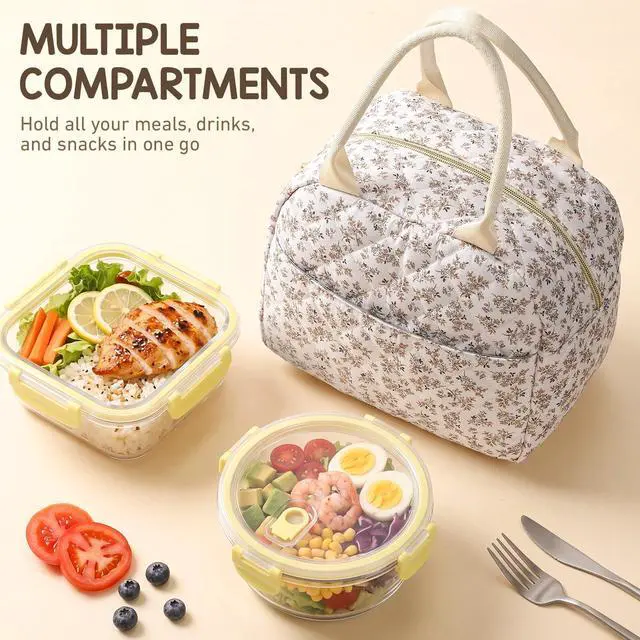Alt view image 6 of 7 - Cunno Insulated Quilted Fabric Lunch Bag for Women Man Adult Lightweight Floral Food Box Leakproof Cooler Food Containers Reusable Large Capacity Lunch Bag for Work Picnic or Travel