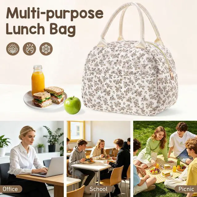 Alt view image 7 of 7 - Cunno Insulated Quilted Fabric Lunch Bag for Women Man Adult Lightweight Floral Food Box Leakproof Cooler Food Containers Reusable Large Capacity Lunch Bag for Work Picnic or Travel