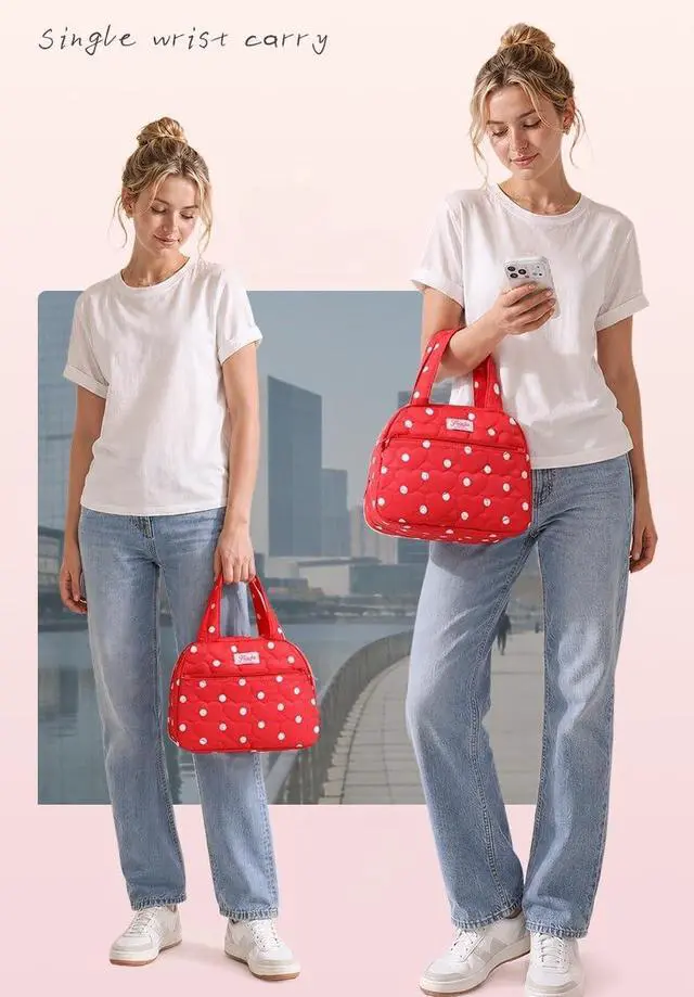 Alt view image 5 of 6 - Quilted Lunch Bag for Women Small Lunch Bags Reusable Lunch Tote Bags | polka dot insulated lunch box for Work Travel