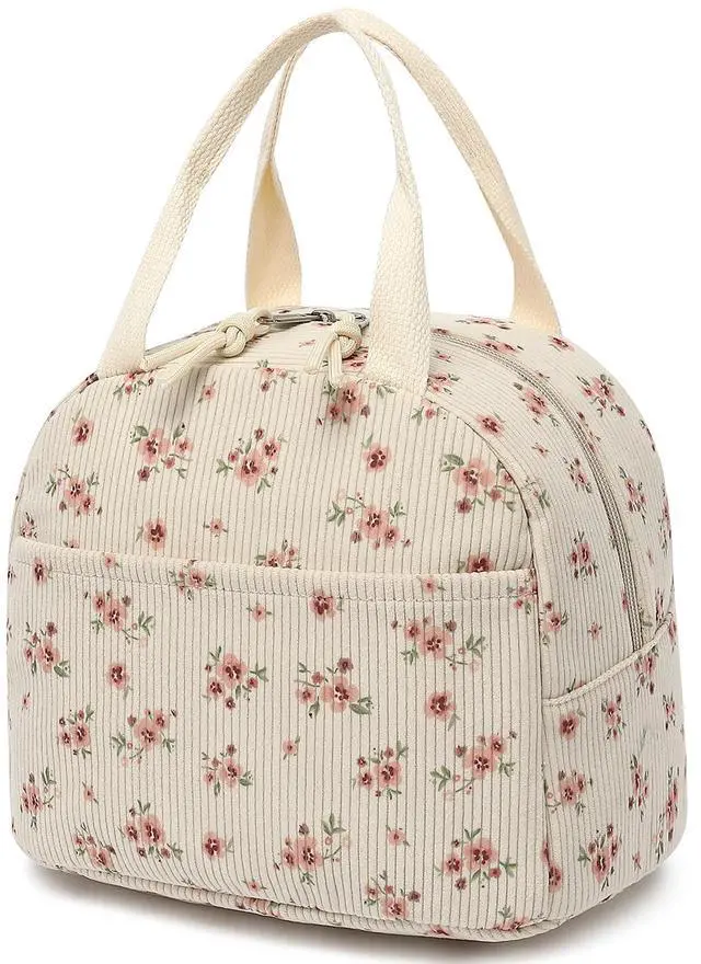 Main image of Qiwuphx Corduroy Lunch Box for Girls Women Reusable Insulated Lunch Bag for School Work (Corduroy Floral Pink)