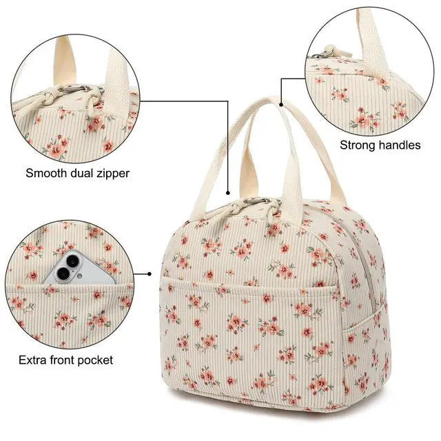 Alt view image 6 of 6 - Qiwuphx Corduroy Lunch Box for Girls Women Reusable Insulated Lunch Bag for School Work (Corduroy Floral Pink)