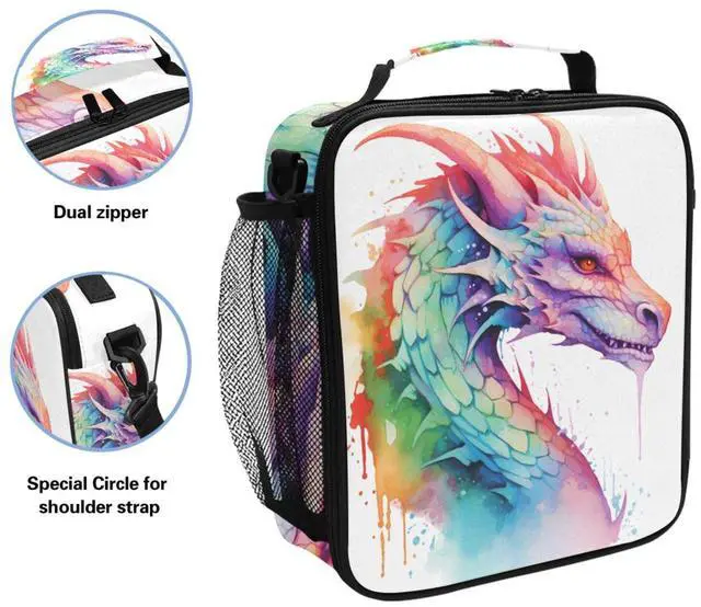 Alt view image 2 of 6 - BOENLE Colorful Dragon Kids Lunch Box Boys Girls Insulated Lunch Bag Reusable Thermal Cooler Tote Portable Shoulder Strap School Picnic