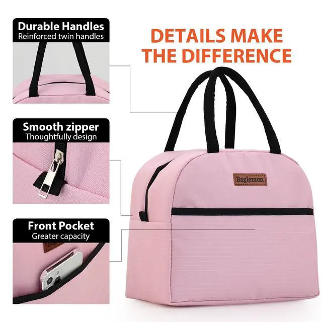 Alt view image 2 of 7 - Baglemon Insulated Lunch Bag for Women Men, Lunch Containers Reusable High Capacity Lunch Tote Bags for Work Picnic (Pink)