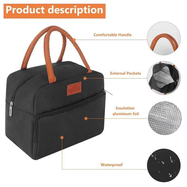 Alt view image 3 of 6 - CCidea Lunch Bag for Women/Men, Insulated Lunch Box Bag for Women Adult Men, Small Leakproof Lunch Tote Bag, Reusable Lunch Cooler bag Container for Work/Office/Picnic/Travel -Black