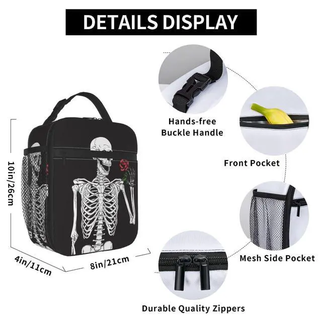Alt view image 6 of 7 - Aoojanu Halloween Skeleton Funny Skull Reusable Lunch Box Food Bag Insulated Lunch Bag for Teenage Boys Girls School Beach