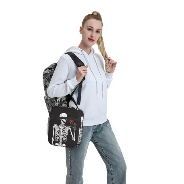 Alt view image 7 of 7 - Aoojanu Halloween Skeleton Funny Skull Reusable Lunch Box Food Bag Insulated Lunch Bag for Teenage Boys Girls School Beach