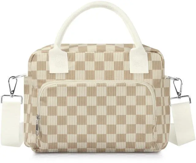 Main image of TESAFNG Lunch Box for Women Insulated Lunch Bag Cute Corduroy Lunch Tote Bags Lightweight Reusable Leakproof Cooler Bag with Adjustable Shoulder Strap for Work Office Travel Picnic (Checkered Khaki)