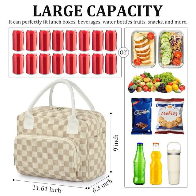 Alt view image 2 of 6 - TESAFNG Lunch Box for Women Insulated Lunch Bag Cute Corduroy Lunch Tote Bags Lightweight Reusable Leakproof Cooler Bag with Adjustable Shoulder Strap for Work Office Travel Picnic (Checkered Khaki)