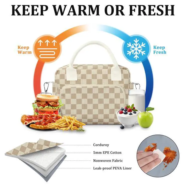 Alt view image 3 of 6 - TESAFNG Lunch Box for Women Insulated Lunch Bag Cute Corduroy Lunch Tote Bags Lightweight Reusable Leakproof Cooler Bag with Adjustable Shoulder Strap for Work Office Travel Picnic (Checkered Khaki)