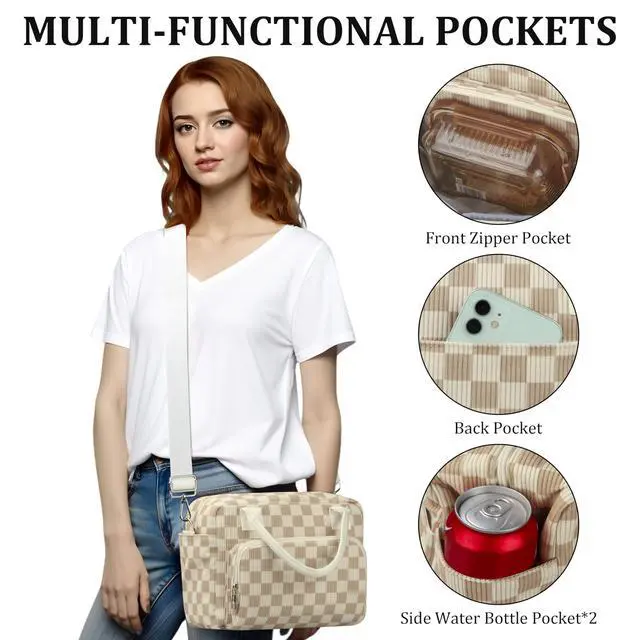 Alt view image 4 of 6 - TESAFNG Lunch Box for Women Insulated Lunch Bag Cute Corduroy Lunch Tote Bags Lightweight Reusable Leakproof Cooler Bag with Adjustable Shoulder Strap for Work Office Travel Picnic (Checkered Khaki)