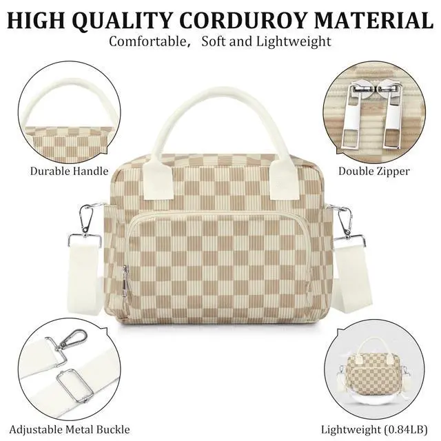 Alt view image 5 of 6 - TESAFNG Lunch Box for Women Insulated Lunch Bag Cute Corduroy Lunch Tote Bags Lightweight Reusable Leakproof Cooler Bag with Adjustable Shoulder Strap for Work Office Travel Picnic (Checkered Khaki)