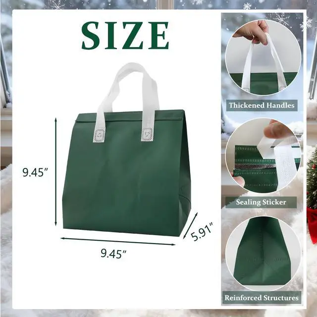 Alt view image 2 of 6 - 12Pcs Disposable Insulated Lunch Bags Thermal Cooler Bag for Food Delivery | For Food Drinks Party Holiday, Keep Cool Warm Cold, TO Go, Multifunctional Bag, Grocery Bags, shipping Bags, Dark Green