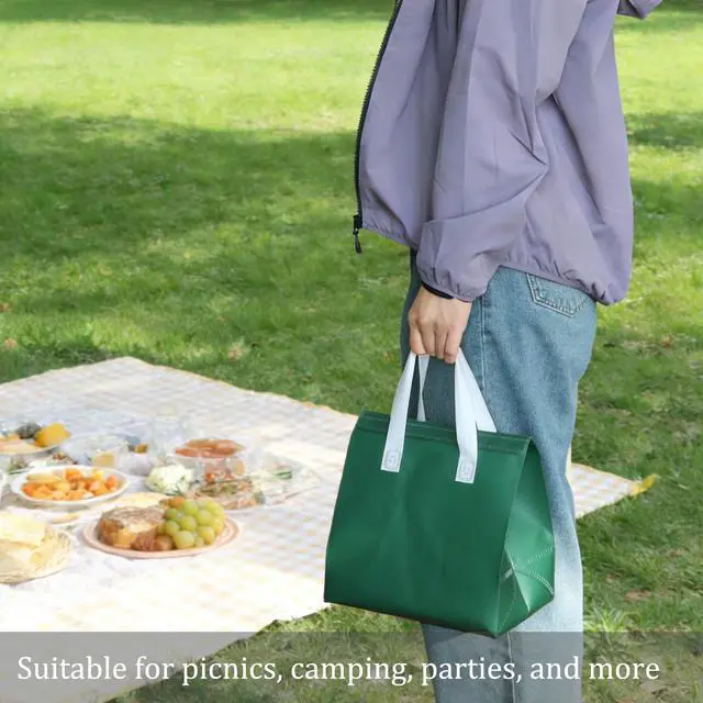 Alt view image 4 of 6 - 12Pcs Disposable Insulated Lunch Bags Thermal Cooler Bag for Food Delivery | For Food Drinks Party Holiday, Keep Cool Warm Cold, TO Go, Multifunctional Bag, Grocery Bags, shipping Bags, Dark Green